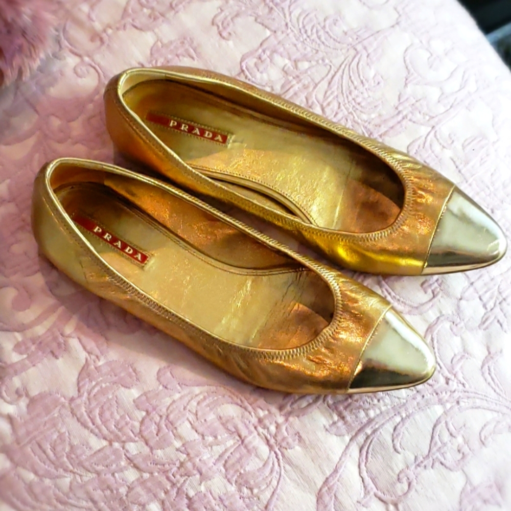 Prada Gold Cap Toe Leather Flats